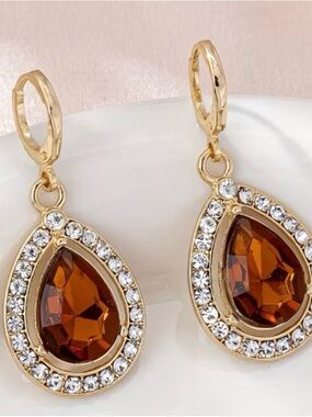 Gold Teardrop Brown Crystal Dangle Earrings